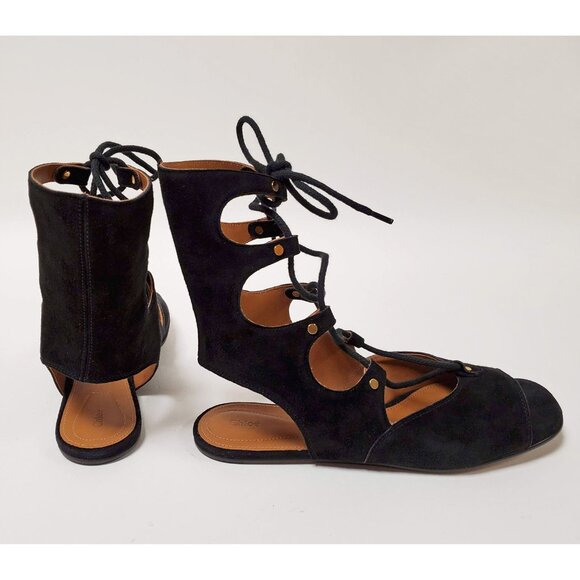 CHLOE SHOES SUEDE LEATHER MID CALF GLADIATOR FOSTER SANDALS sz IT 38 7 US - Picture 8 of 10